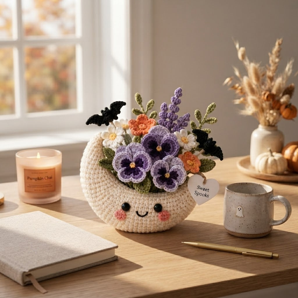 Handmade Crochet Moon Flower Arrangement – Halloween Floral Decor & Gift