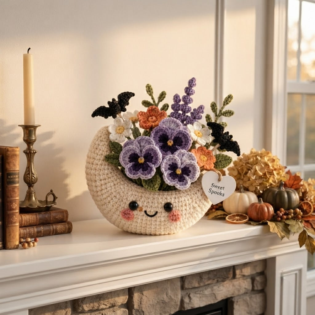 Handmade Crochet Moon Flower Arrangement – Halloween Floral Decor & Gift
