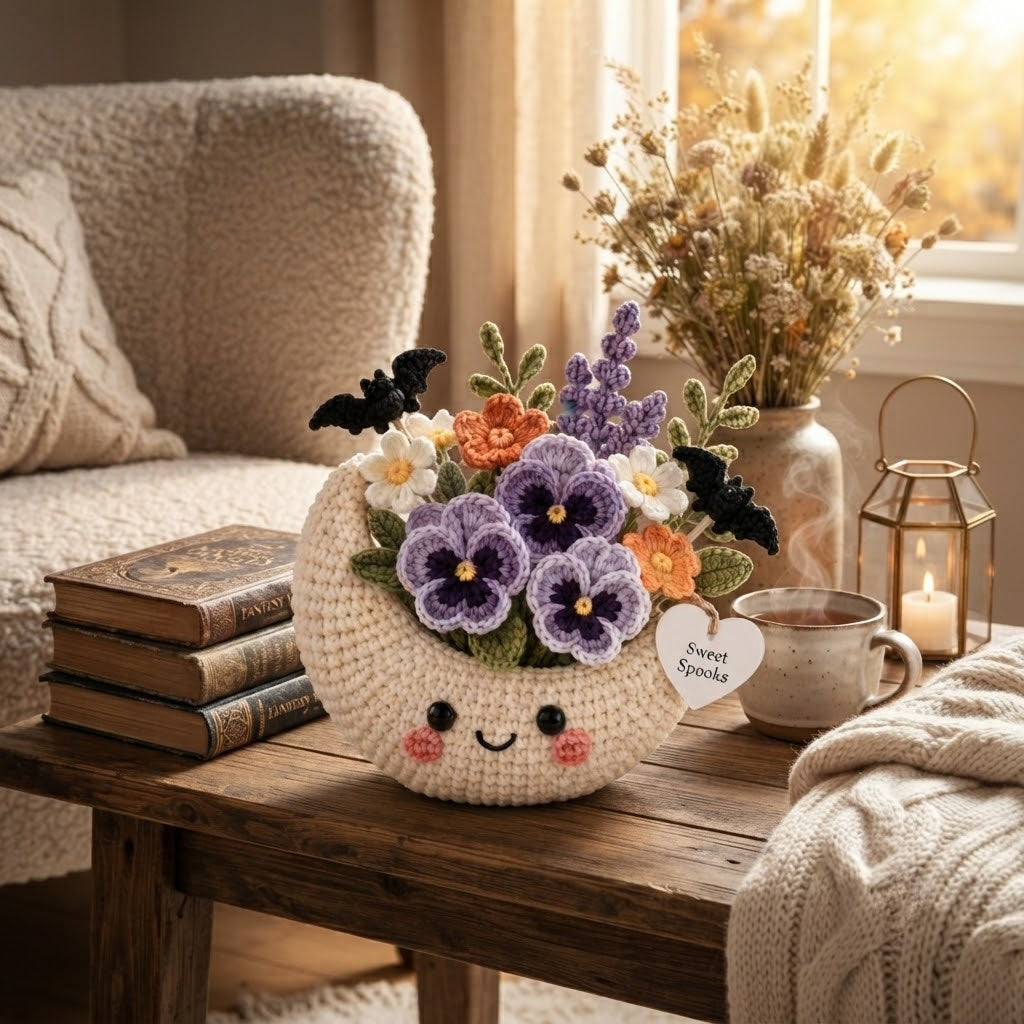 Handmade Crochet Moon Flower Arrangement – Halloween Floral Decor & Gift