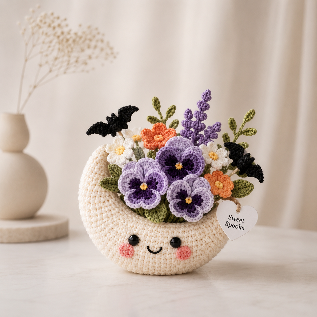Handmade Crochet Moon Flower Arrangement – Halloween Floral Decor & Gift