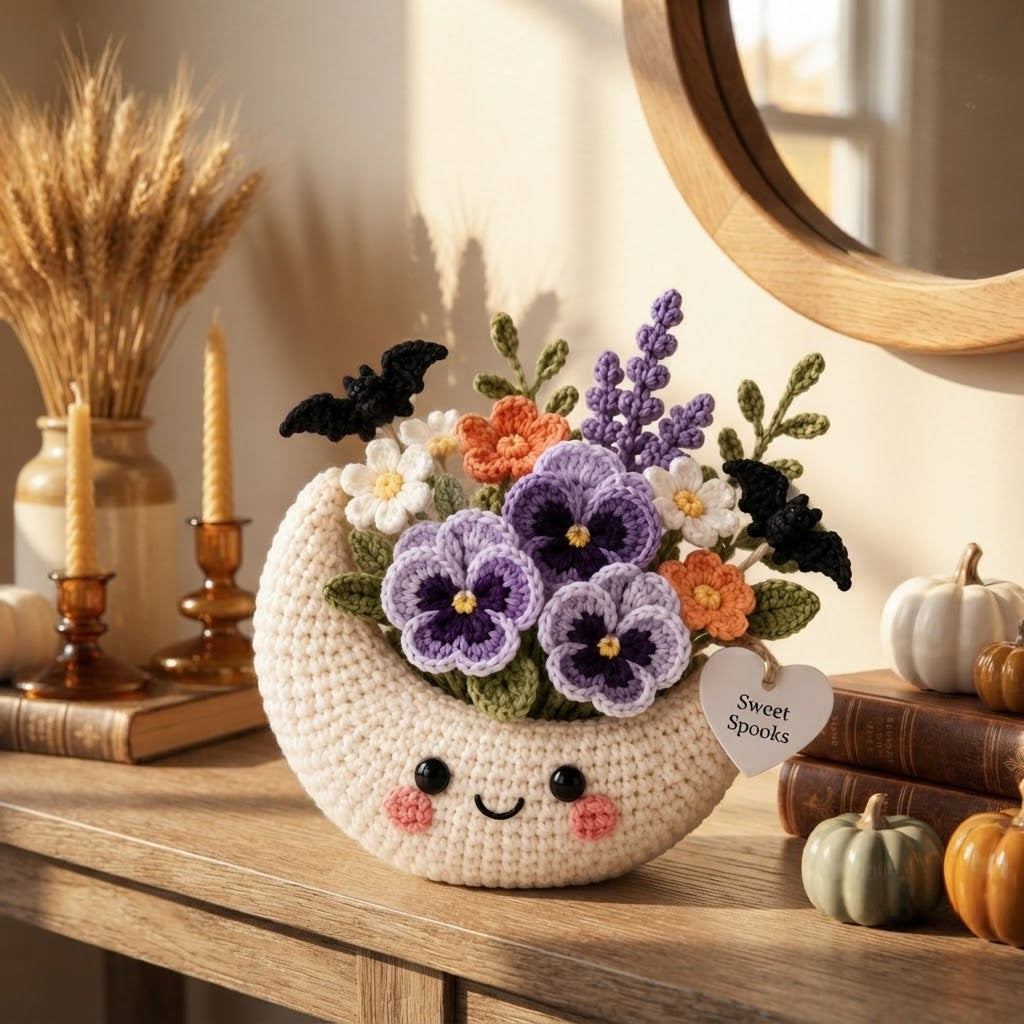 Handmade Crochet Moon Flower Arrangement – Halloween Floral Decor & Gift