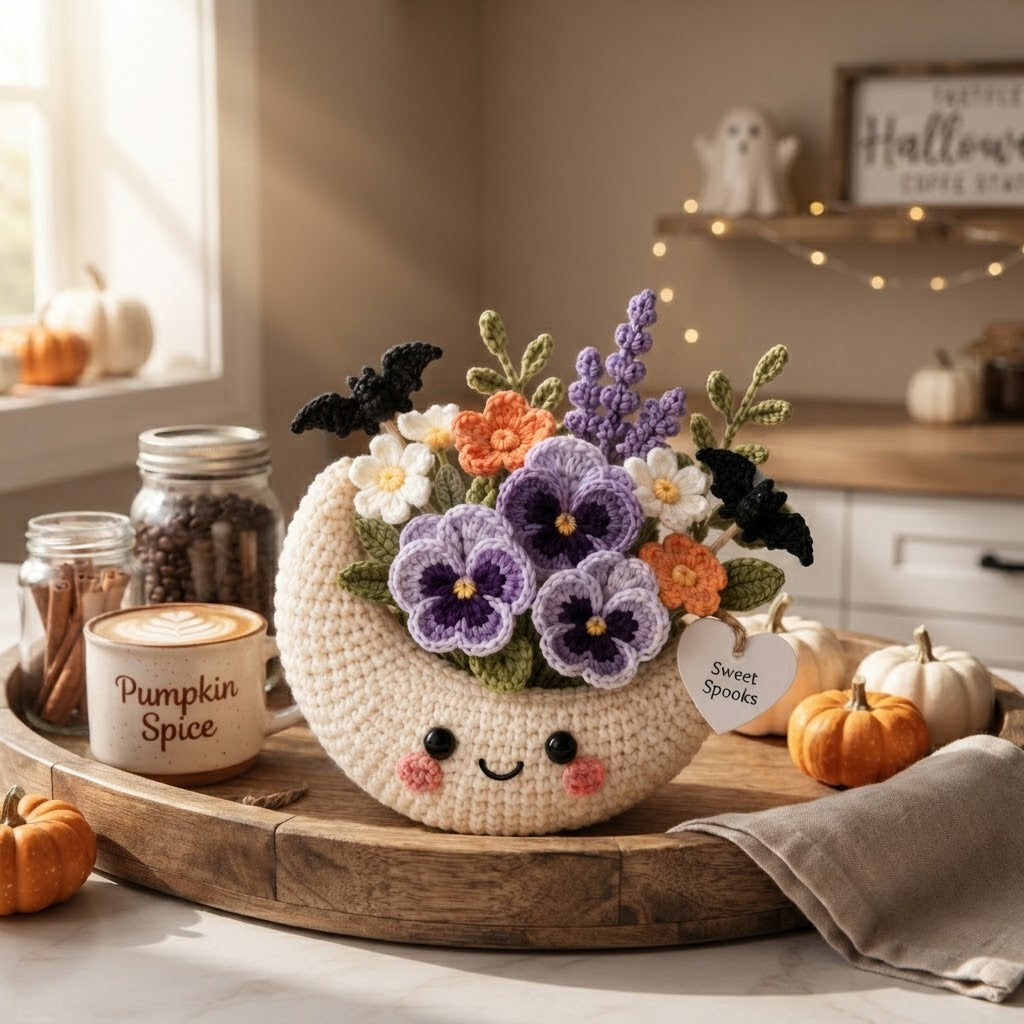 Handmade Crochet Moon Flower Arrangement – Halloween Floral Decor & Gift