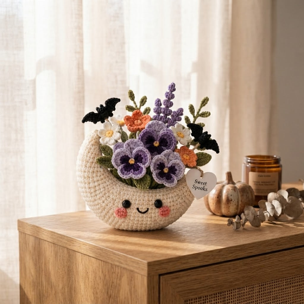 Handmade Crochet Moon Flower Arrangement – Halloween Floral Decor & Gift