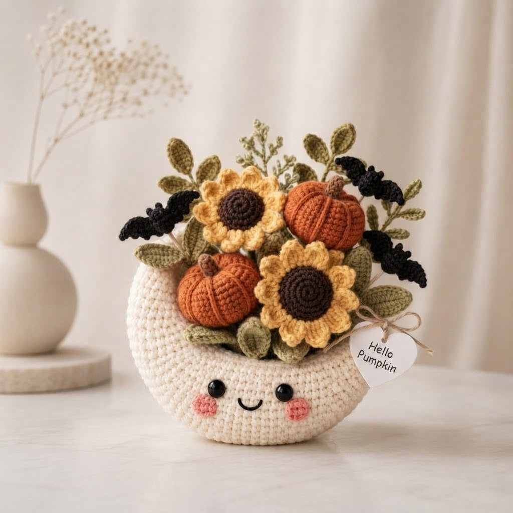Handmade Crochet Moon Pumpkin Bouquet – Cute Halloween Fall Decor & Gift