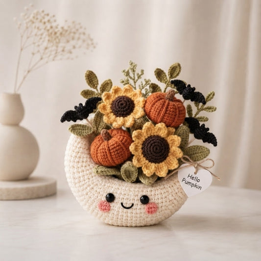 Handmade Crochet Moon Pumpkin Bouquet – Cute Halloween Fall Decor & Gift