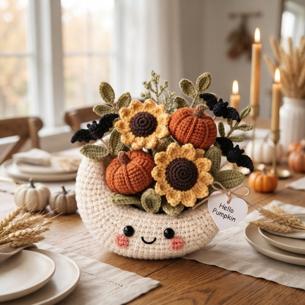 Handmade Crochet Moon Pumpkin Bouquet – Cute Halloween Fall Decor & Gift