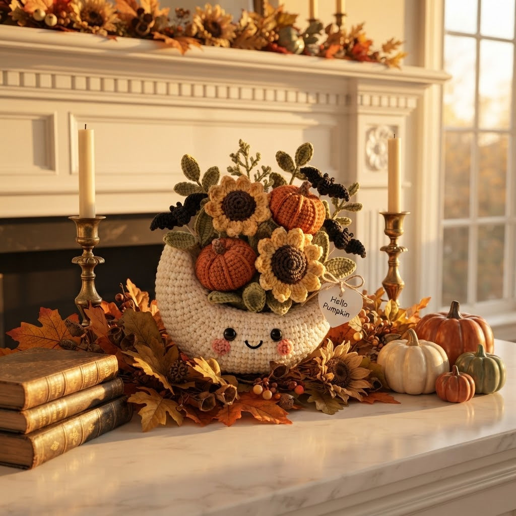 Handmade Crochet Moon Pumpkin Bouquet – Cute Halloween Fall Decor & Gift