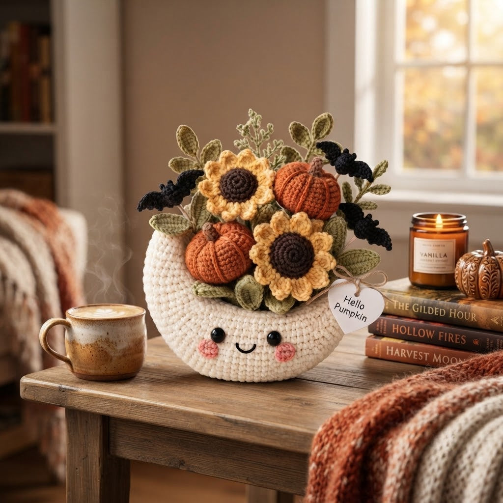 Handmade Crochet Moon Pumpkin Bouquet – Cute Halloween Fall Decor & Gift