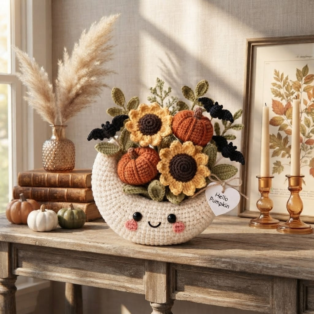 Handmade Crochet Moon Pumpkin Bouquet – Cute Halloween Fall Decor & Gift