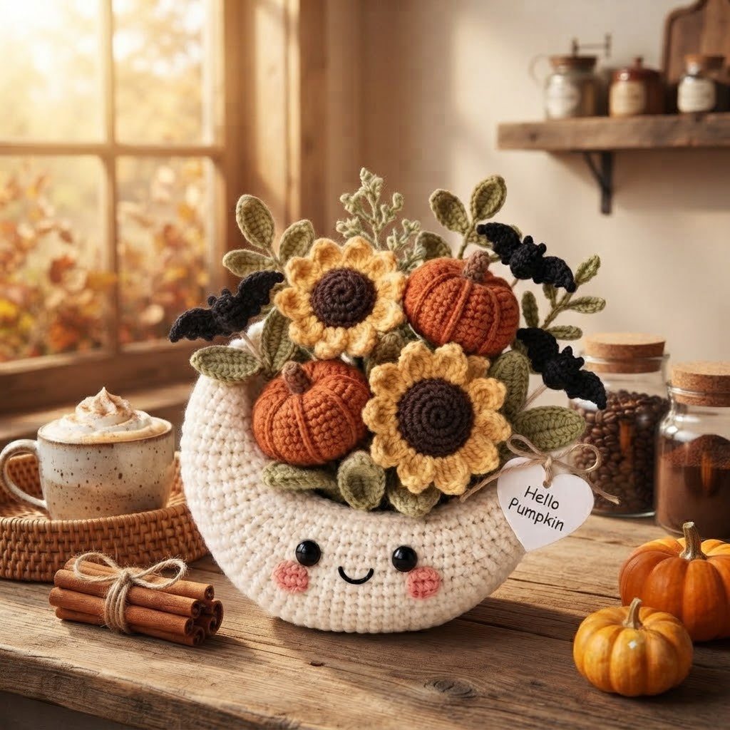 Handmade Crochet Moon Pumpkin Bouquet – Cute Halloween Fall Decor & Gift