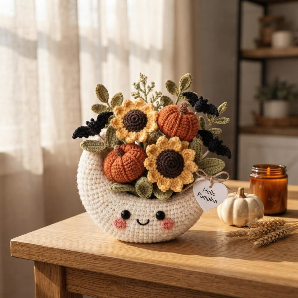 Handmade Crochet Moon Pumpkin Bouquet – Cute Halloween Fall Decor & Gift