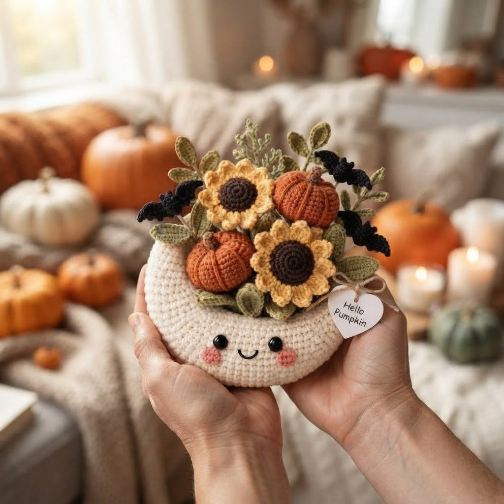 Handmade Crochet Moon Pumpkin Bouquet – Cute Halloween Fall Decor & Gift