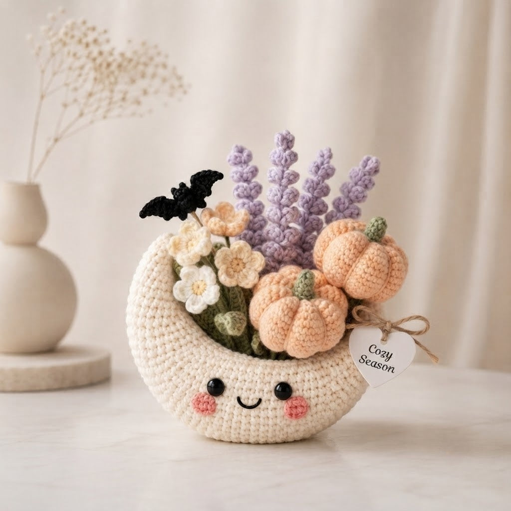 Handmade Crochet Moon Pumpkin Bouquet – Cozy Fall Halloween Decor & Gift