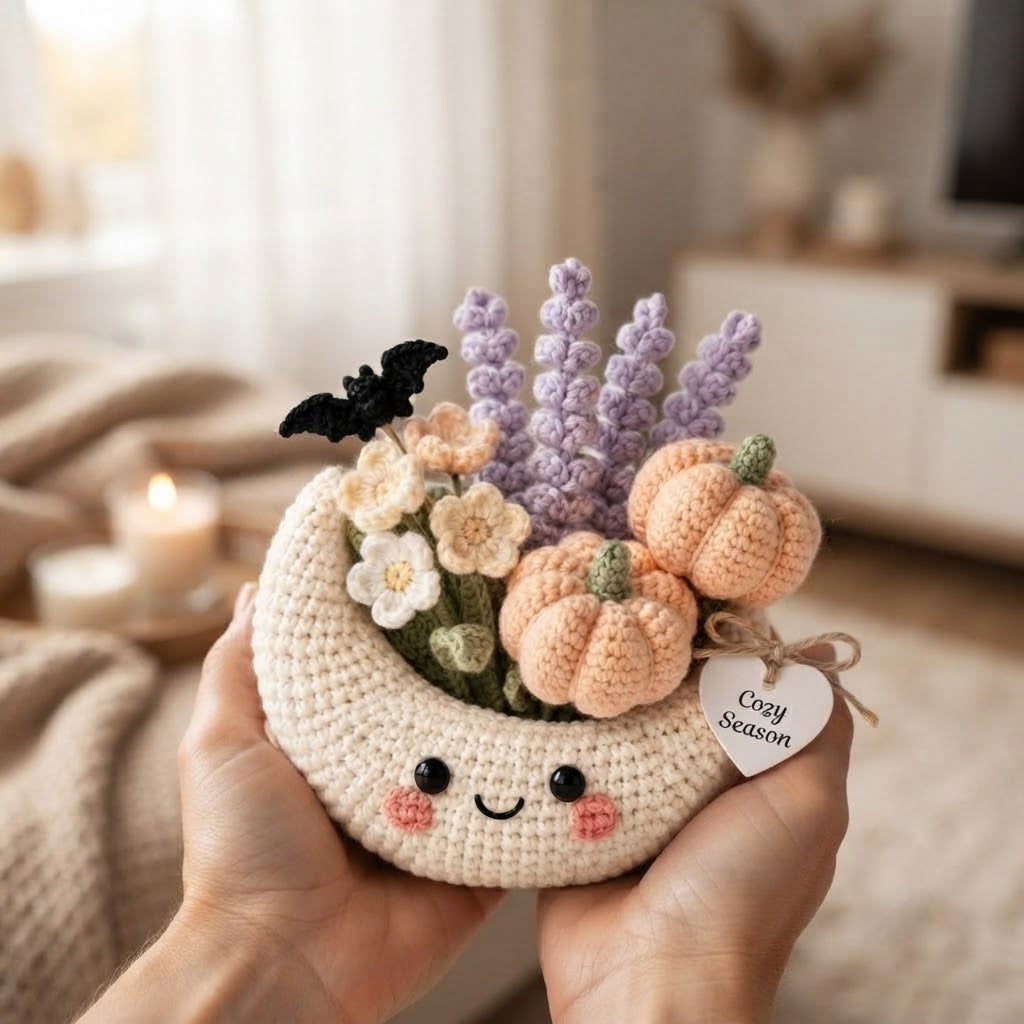 Handmade Crochet Moon Pumpkin Bouquet – Cozy Fall Halloween Decor & Gift