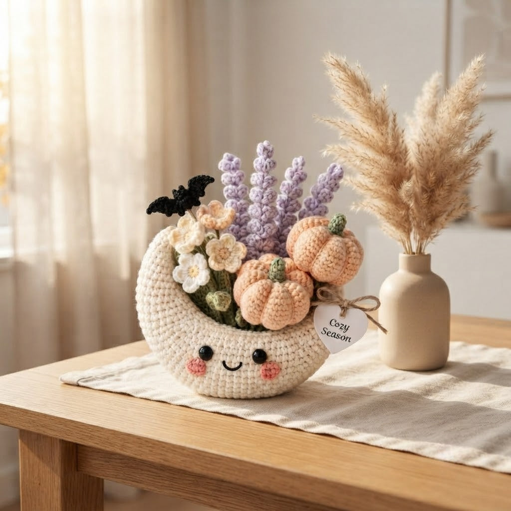 Handmade Crochet Moon Pumpkin Bouquet – Cozy Fall Halloween Decor & Gift