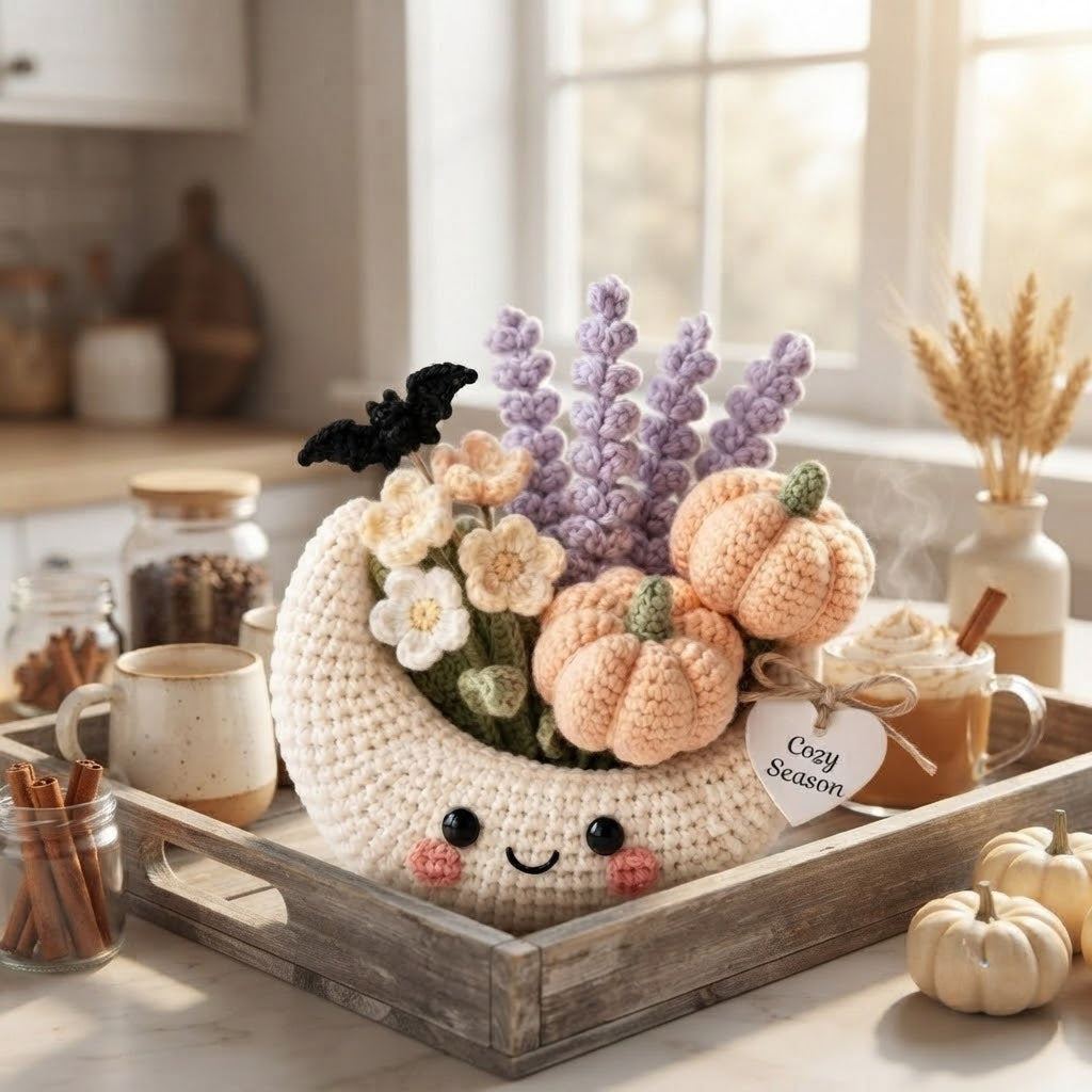Handmade Crochet Moon Pumpkin Bouquet – Cozy Fall Halloween Decor & Gift