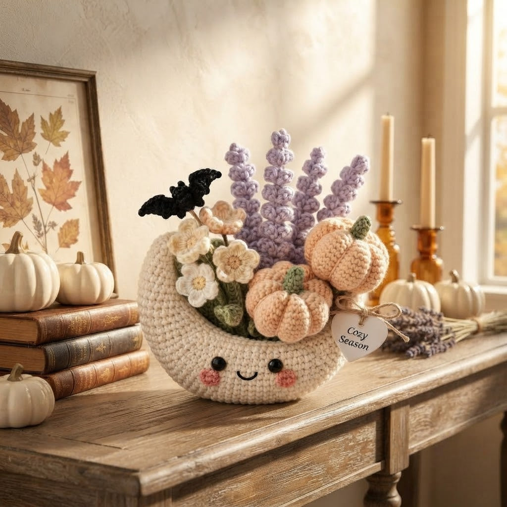 Handmade Crochet Moon Pumpkin Bouquet – Cozy Fall Halloween Decor & Gift