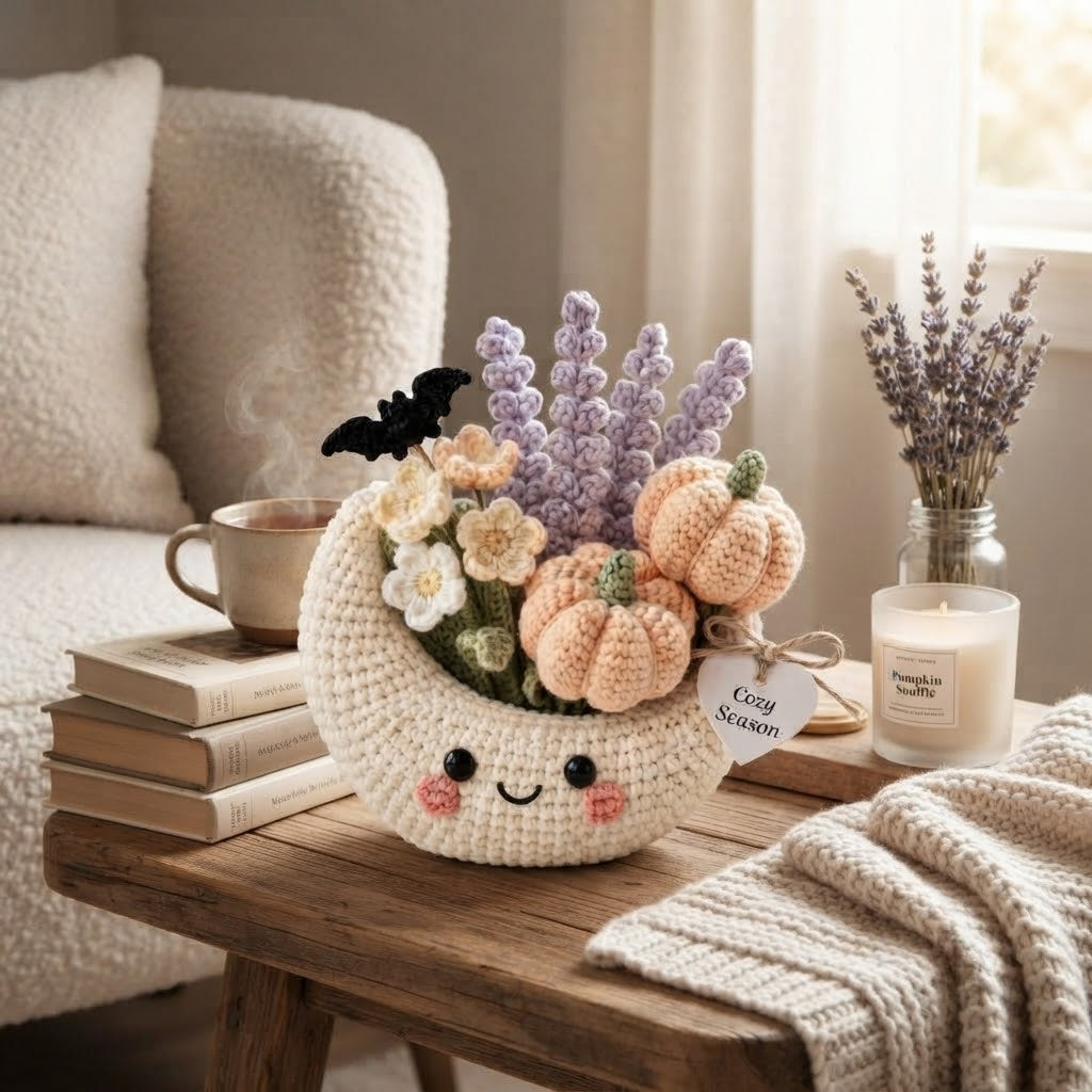 Handmade Crochet Moon Pumpkin Bouquet – Cozy Fall Halloween Decor & Gift