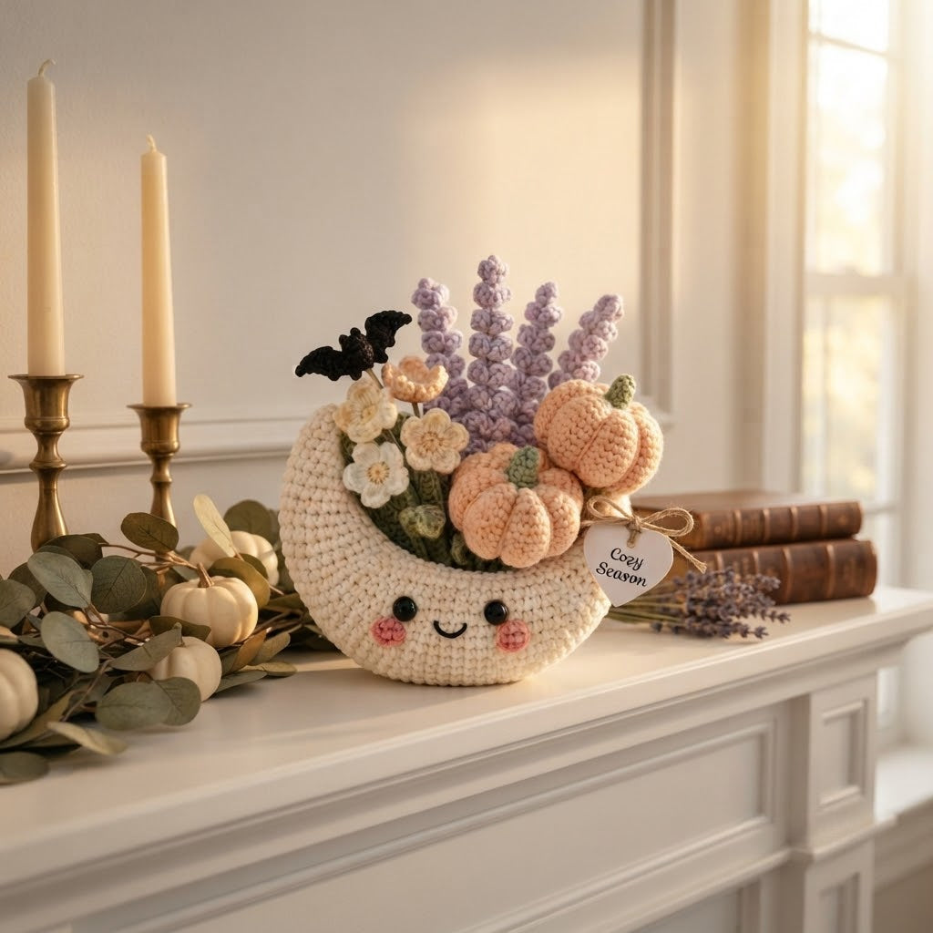 Handmade Crochet Moon Pumpkin Bouquet – Cozy Fall Halloween Decor & Gift