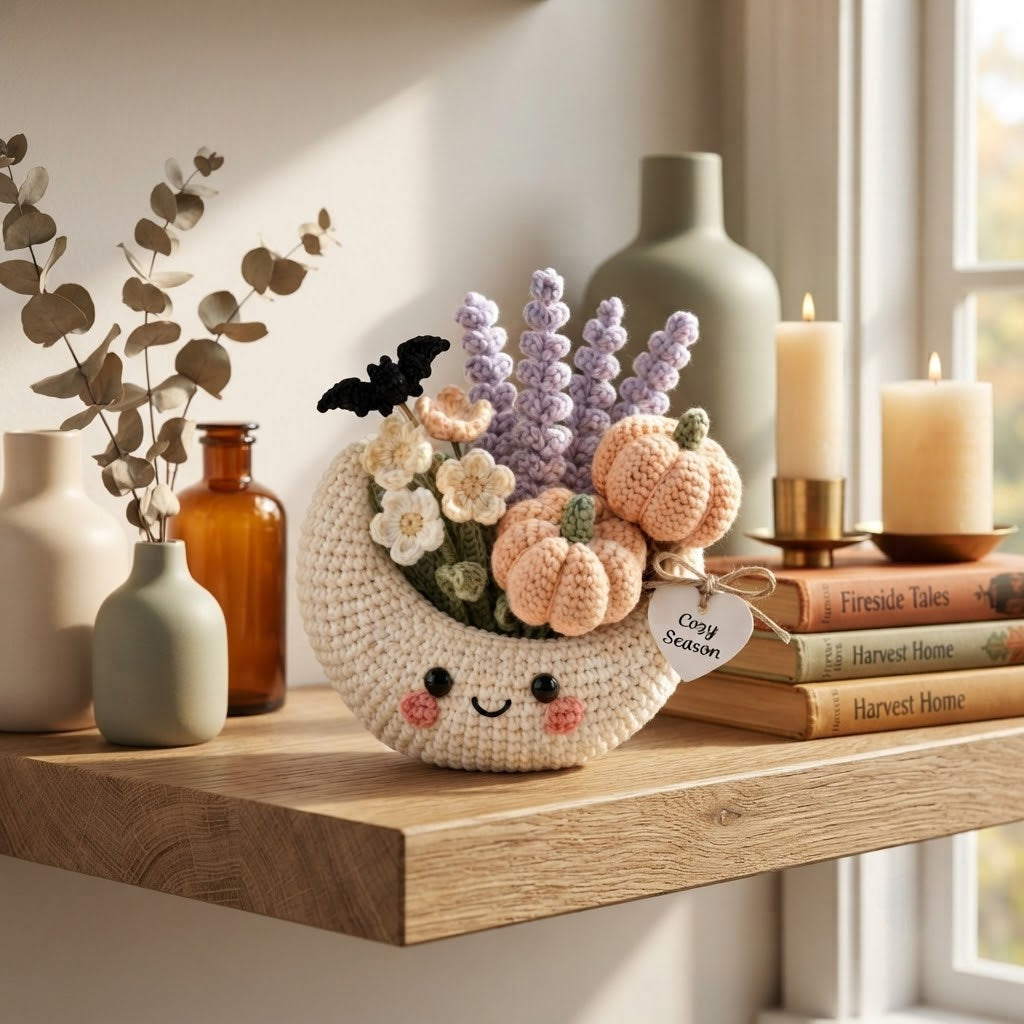 Handmade Crochet Moon Pumpkin Bouquet – Cozy Fall Halloween Decor & Gift