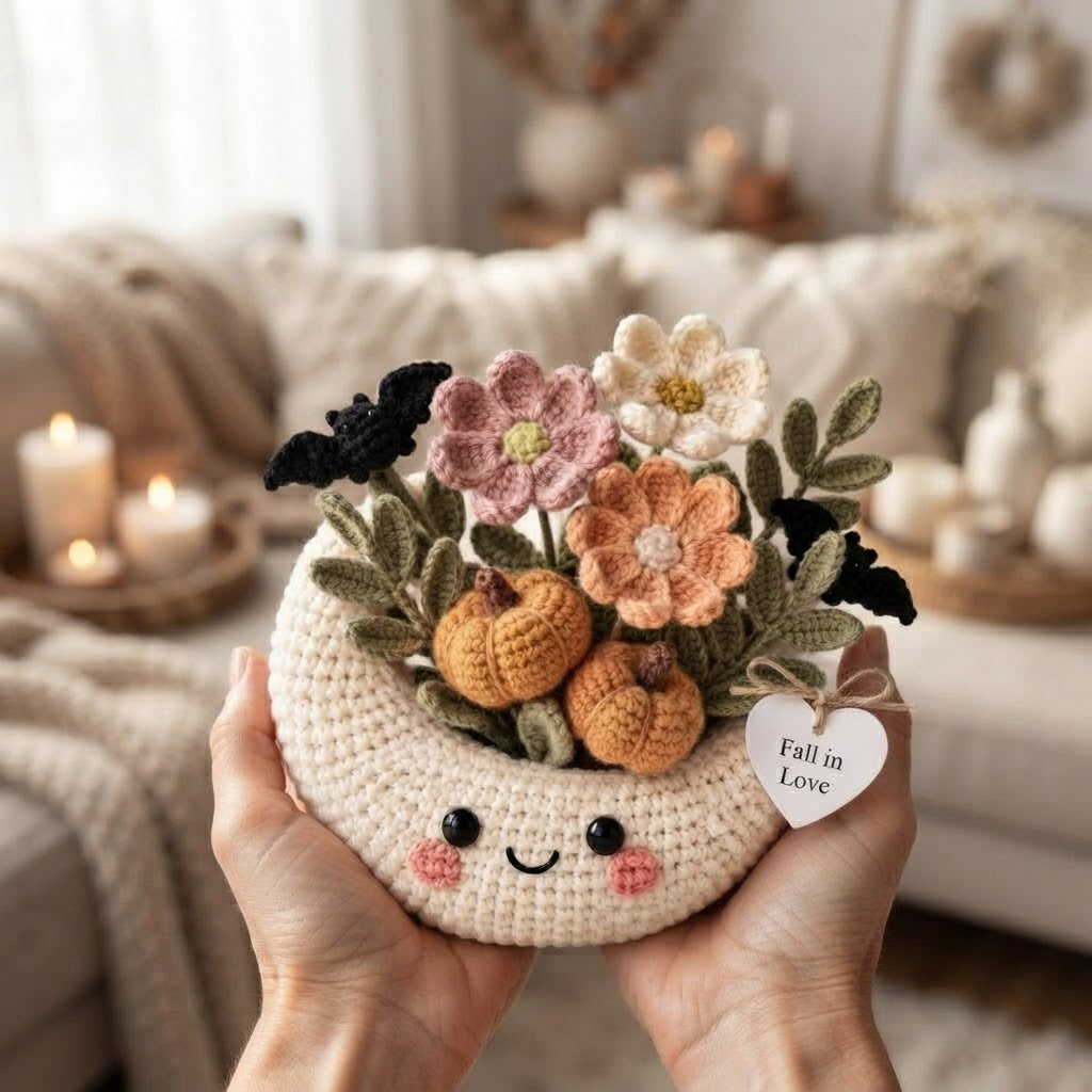 Handmade Crochet Moon Pumpkin Bouquet – Cute Fall Floral Decor & Gift