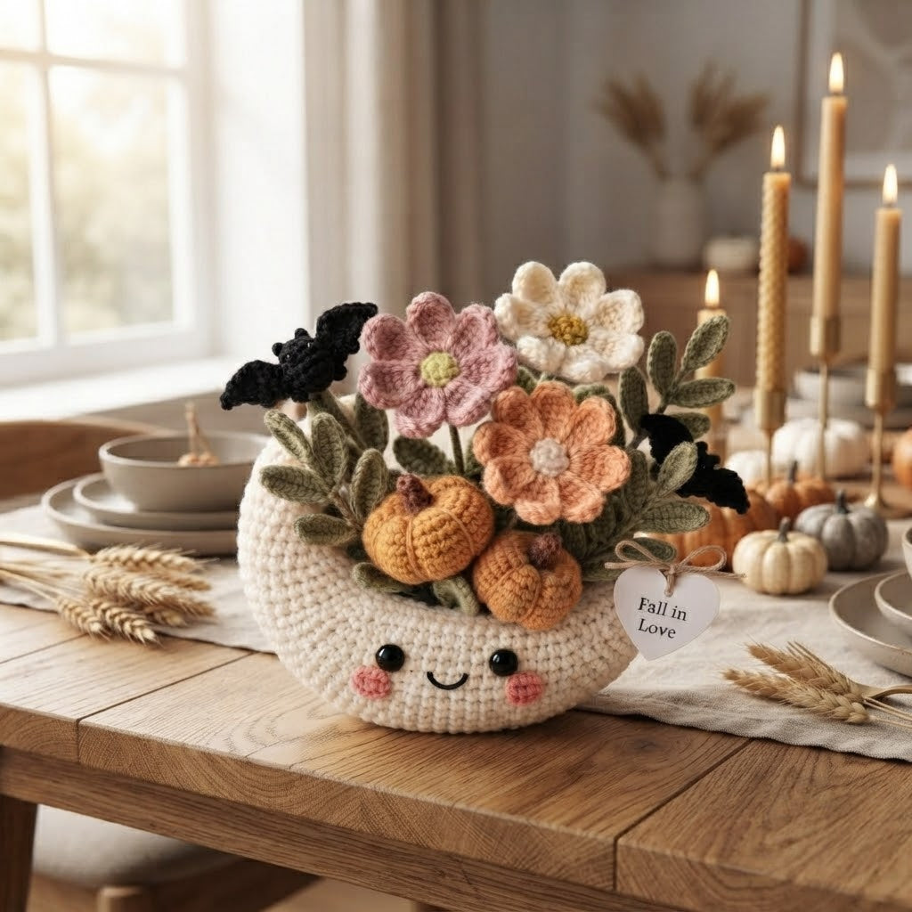 Handmade Crochet Moon Pumpkin Bouquet – Cute Fall Floral Decor & Gift