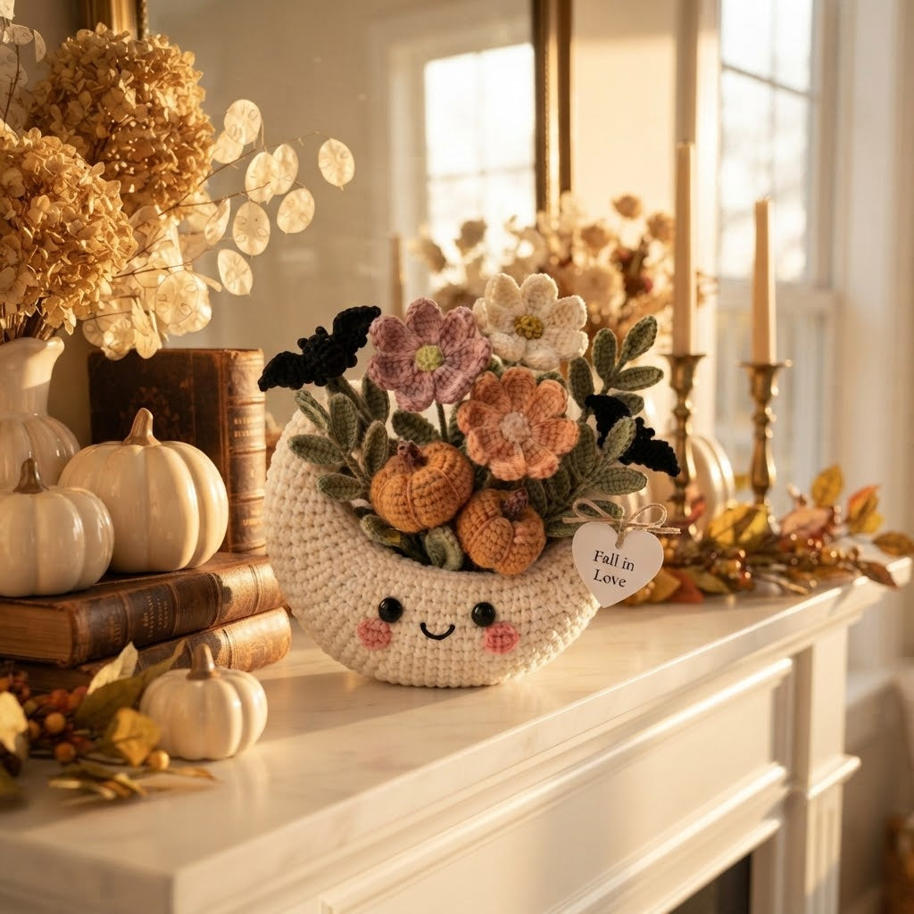 Handmade Crochet Moon Pumpkin Bouquet – Cute Fall Floral Decor & Gift