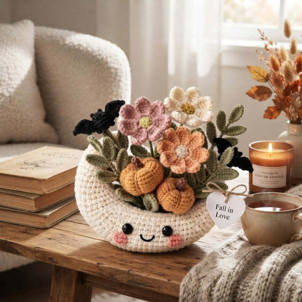 Handmade Crochet Moon Pumpkin Bouquet – Cute Fall Floral Decor & Gift
