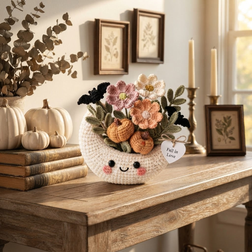 Handmade Crochet Moon Pumpkin Bouquet – Cute Fall Floral Decor & Gift