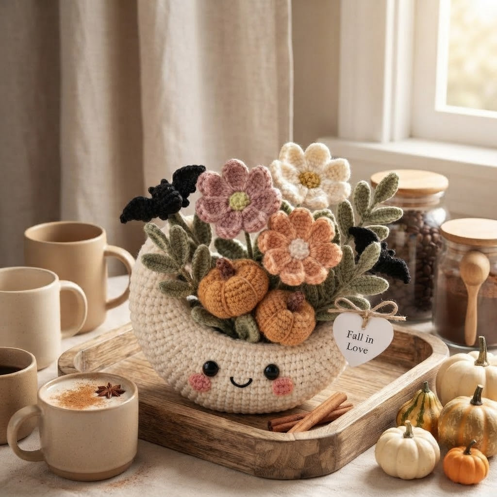 Handmade Crochet Moon Pumpkin Bouquet – Cute Fall Floral Decor & Gift