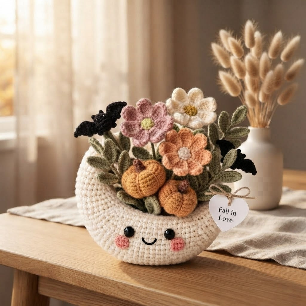 Handmade Crochet Moon Pumpkin Bouquet – Cute Fall Floral Decor & Gift