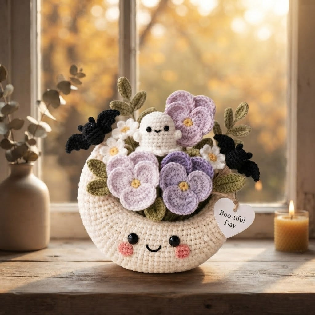 Handmade Crochet Moon Ghost Bouquet – Cute Halloween Floral Decor & Gift