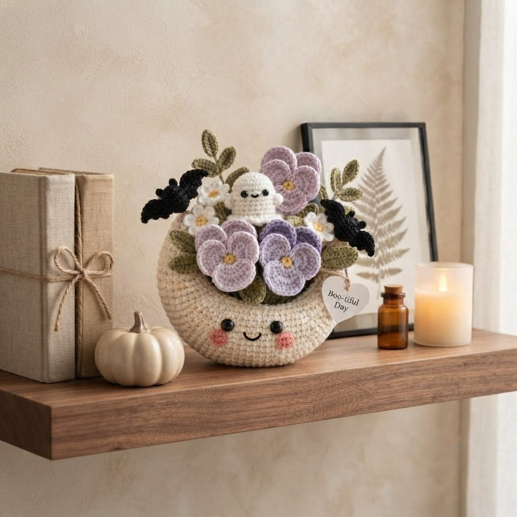 Handmade Crochet Moon Ghost Bouquet – Cute Halloween Floral Decor & Gift