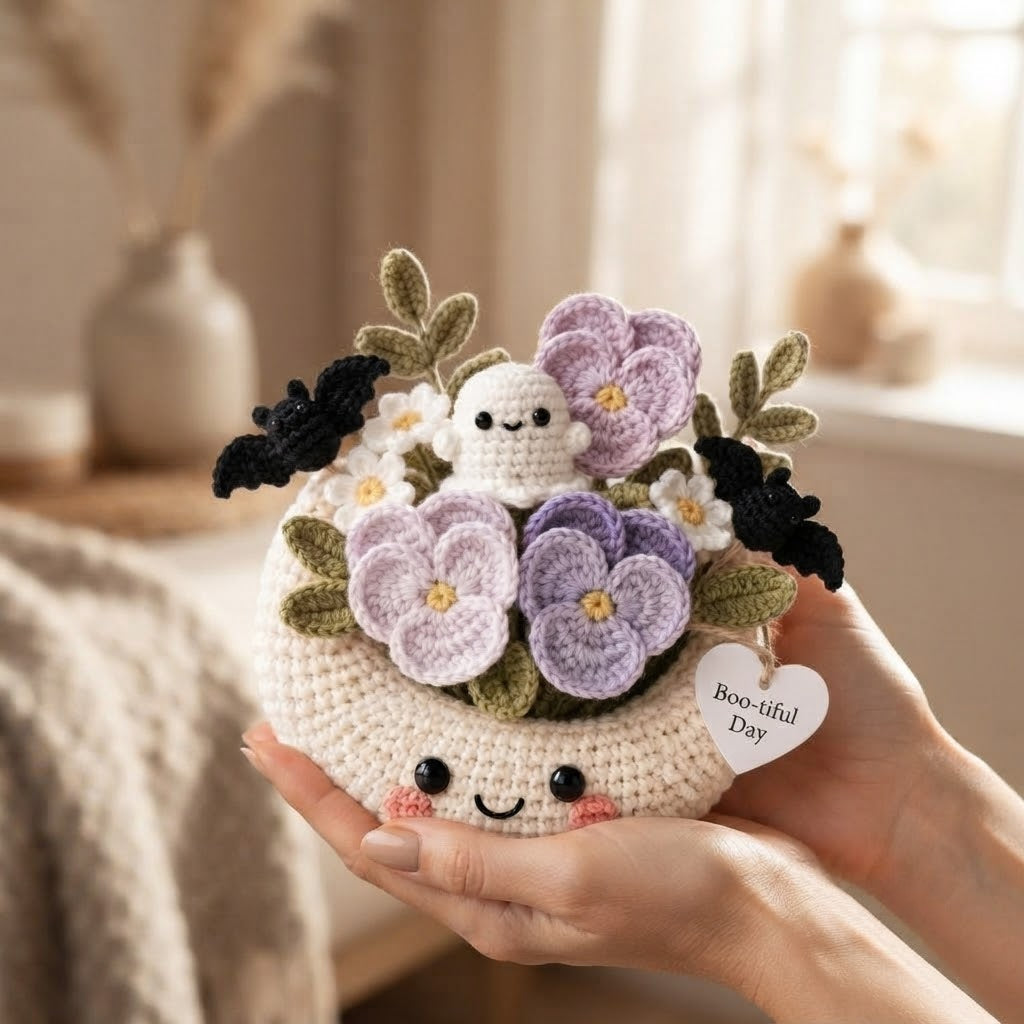 Handmade Crochet Moon Ghost Bouquet – Cute Halloween Floral Decor & Gift