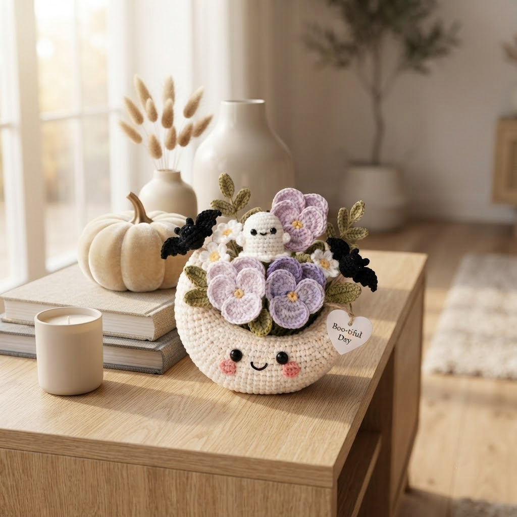Handmade Crochet Moon Ghost Bouquet – Cute Halloween Floral Decor & Gift