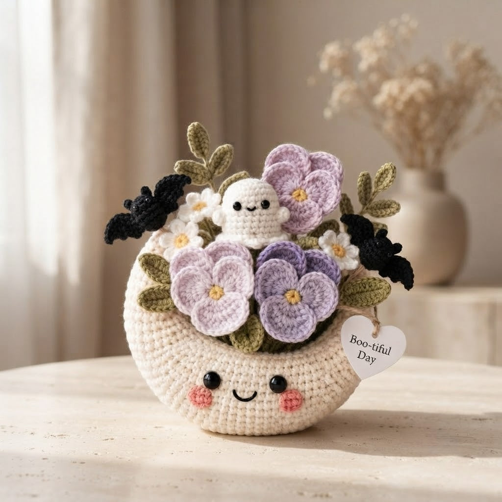 Handmade Crochet Moon Ghost Bouquet – Cute Halloween Floral Decor & Gift