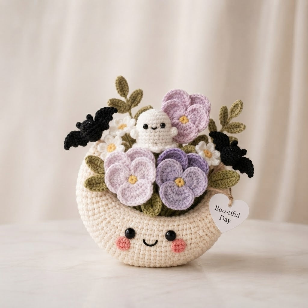 Handmade Crochet Moon Ghost Bouquet – Cute Halloween Floral Decor & Gift