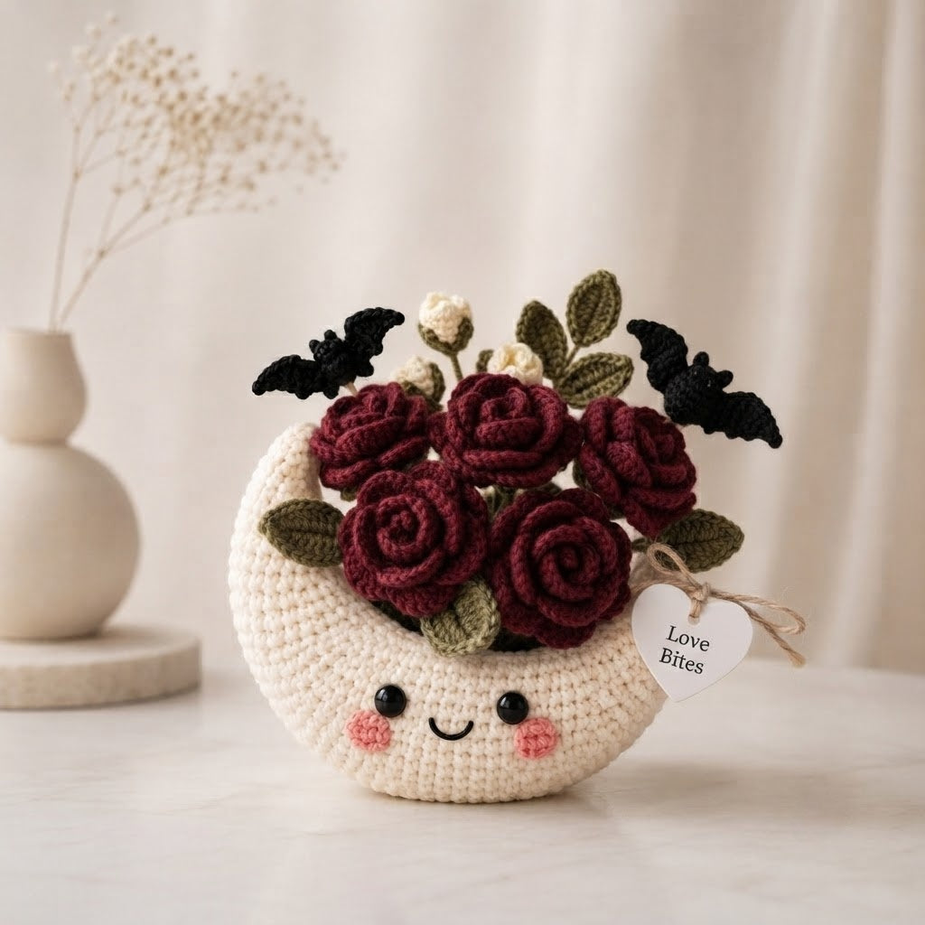 Handmade Crochet Moon Rose Bouquet – Gothic Halloween Decor & Gift