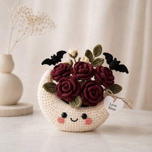 Handmade Crochet Moon Rose Bouquet – Gothic Halloween Decor & Gift