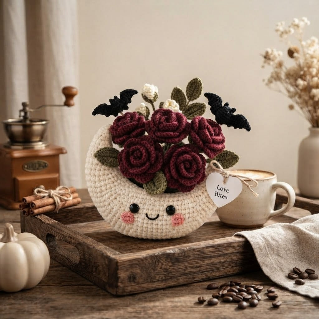 Handmade Crochet Moon Rose Bouquet – Gothic Halloween Decor & Gift