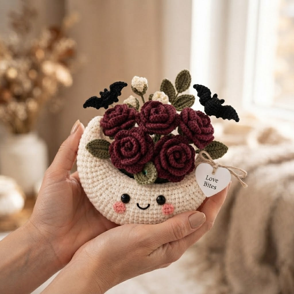 Handmade Crochet Moon Rose Bouquet – Gothic Halloween Decor & Gift