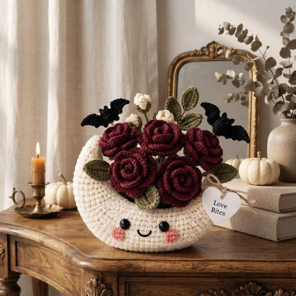 Handmade Crochet Moon Rose Bouquet – Gothic Halloween Decor & Gift