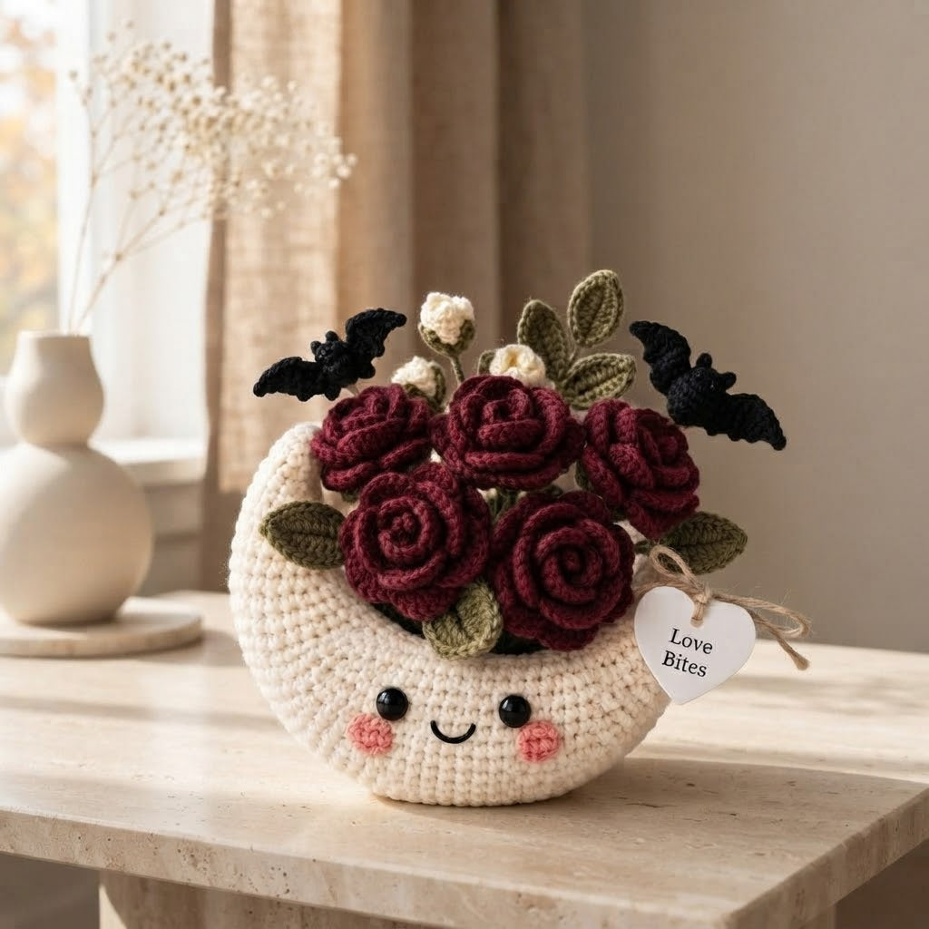 Handmade Crochet Moon Rose Bouquet – Gothic Halloween Decor & Gift