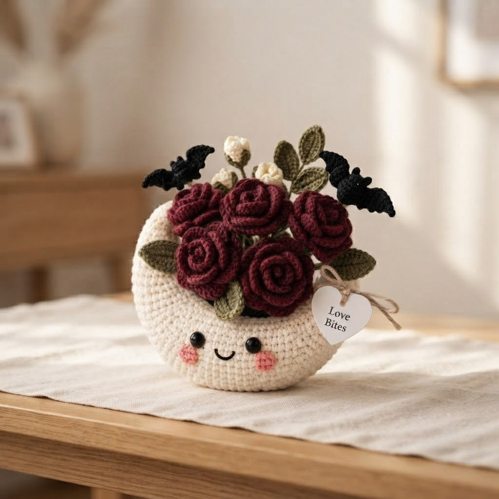 Handmade Crochet Moon Rose Bouquet – Gothic Halloween Decor & Gift