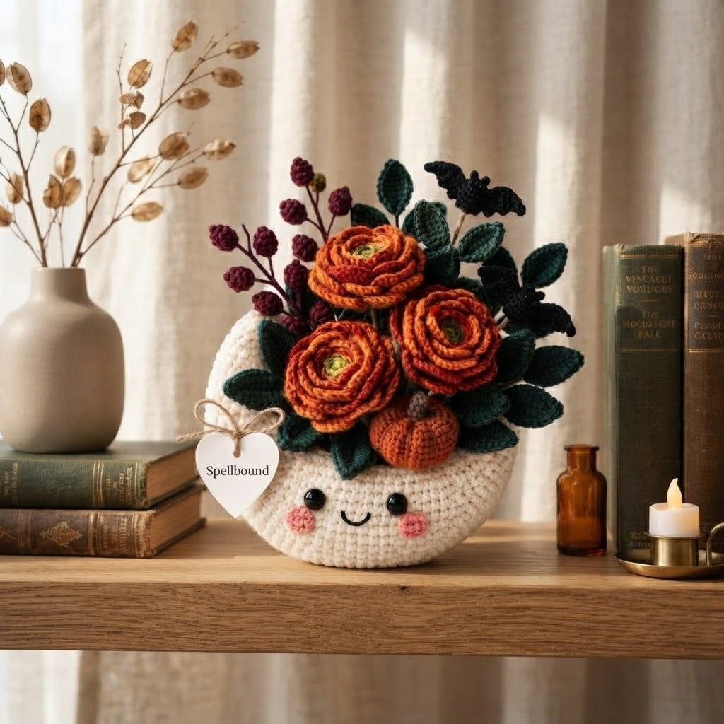 Handmade Crochet Moon Pumpkin Bouquet – Gothic Fall Floral Decor & Gift