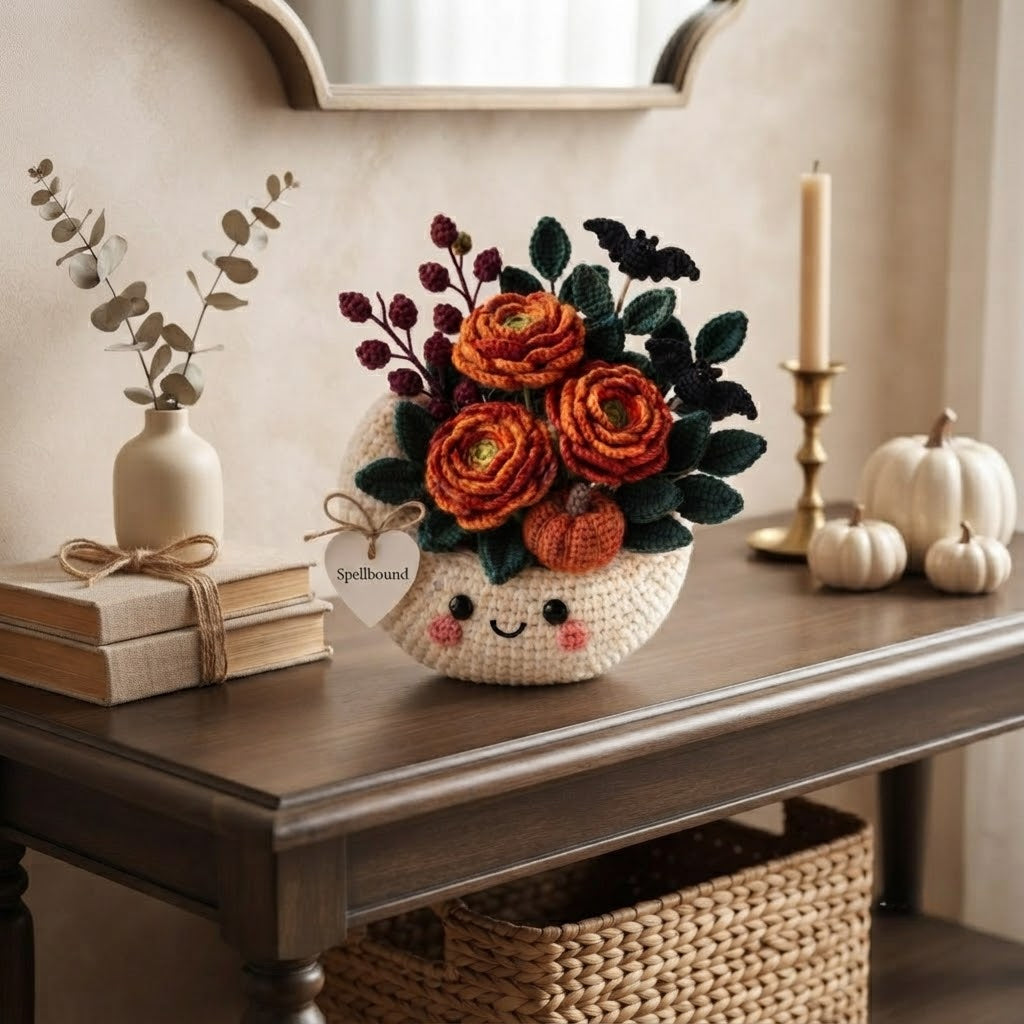 Handmade Crochet Moon Pumpkin Bouquet – Gothic Fall Floral Decor & Gift