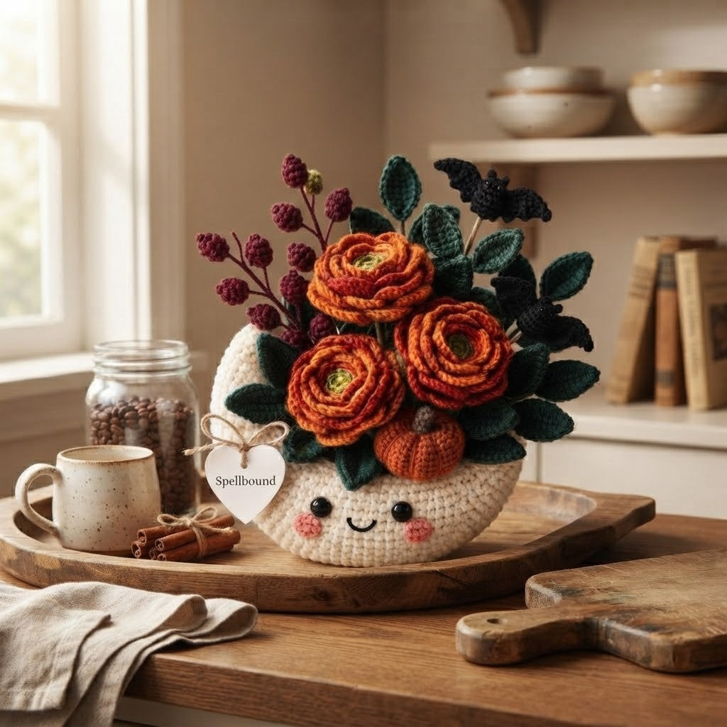 Handmade Crochet Moon Pumpkin Bouquet – Gothic Fall Floral Decor & Gift