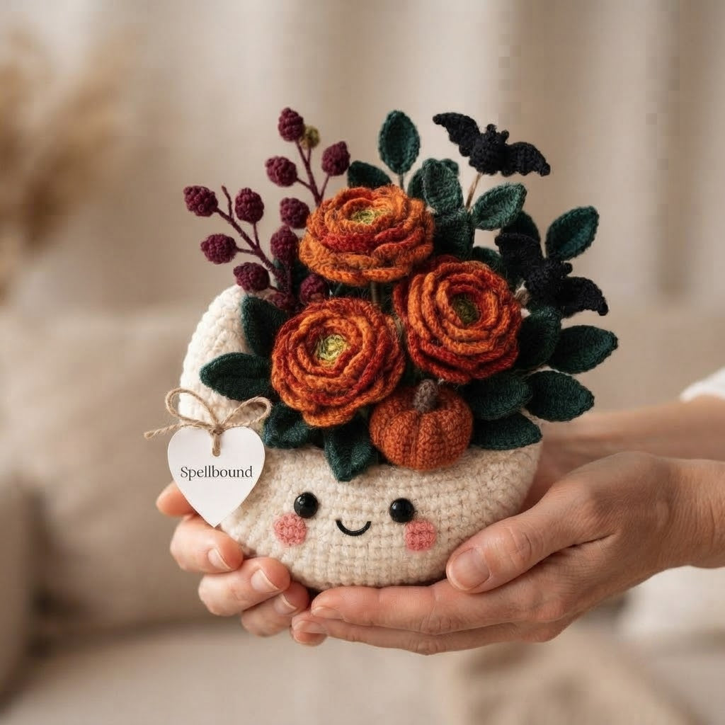 Handmade Crochet Moon Pumpkin Bouquet – Gothic Fall Floral Decor & Gift