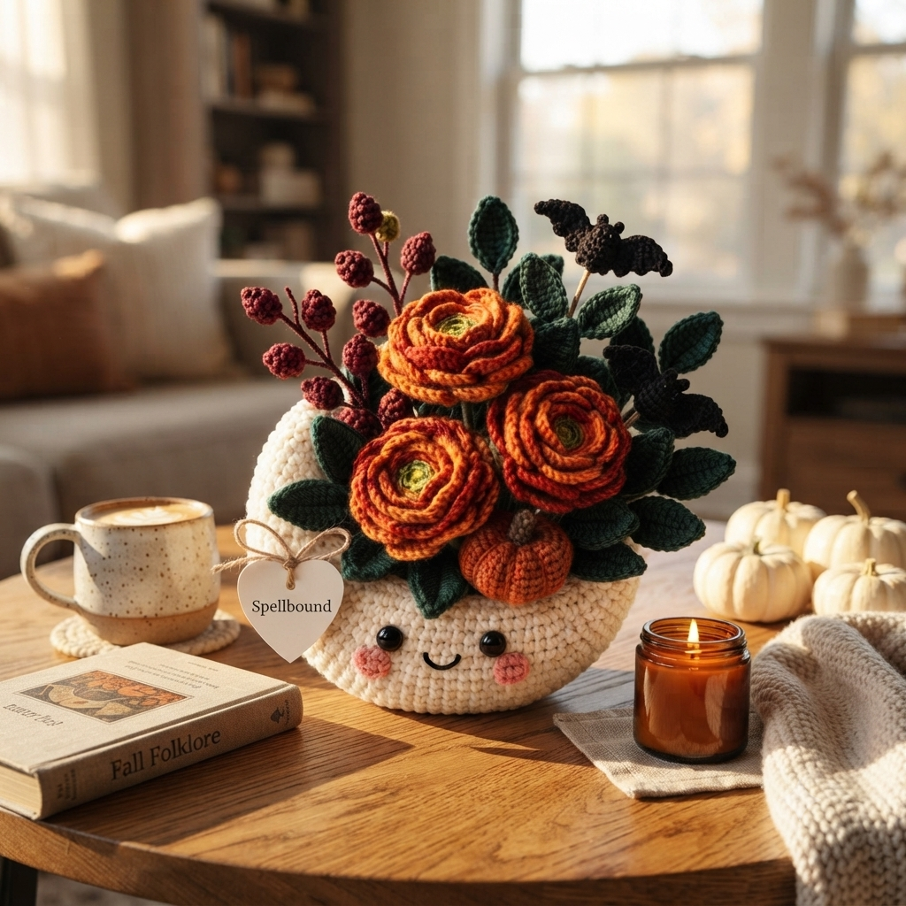 Handmade Crochet Moon Pumpkin Bouquet – Gothic Fall Floral Decor & Gift
