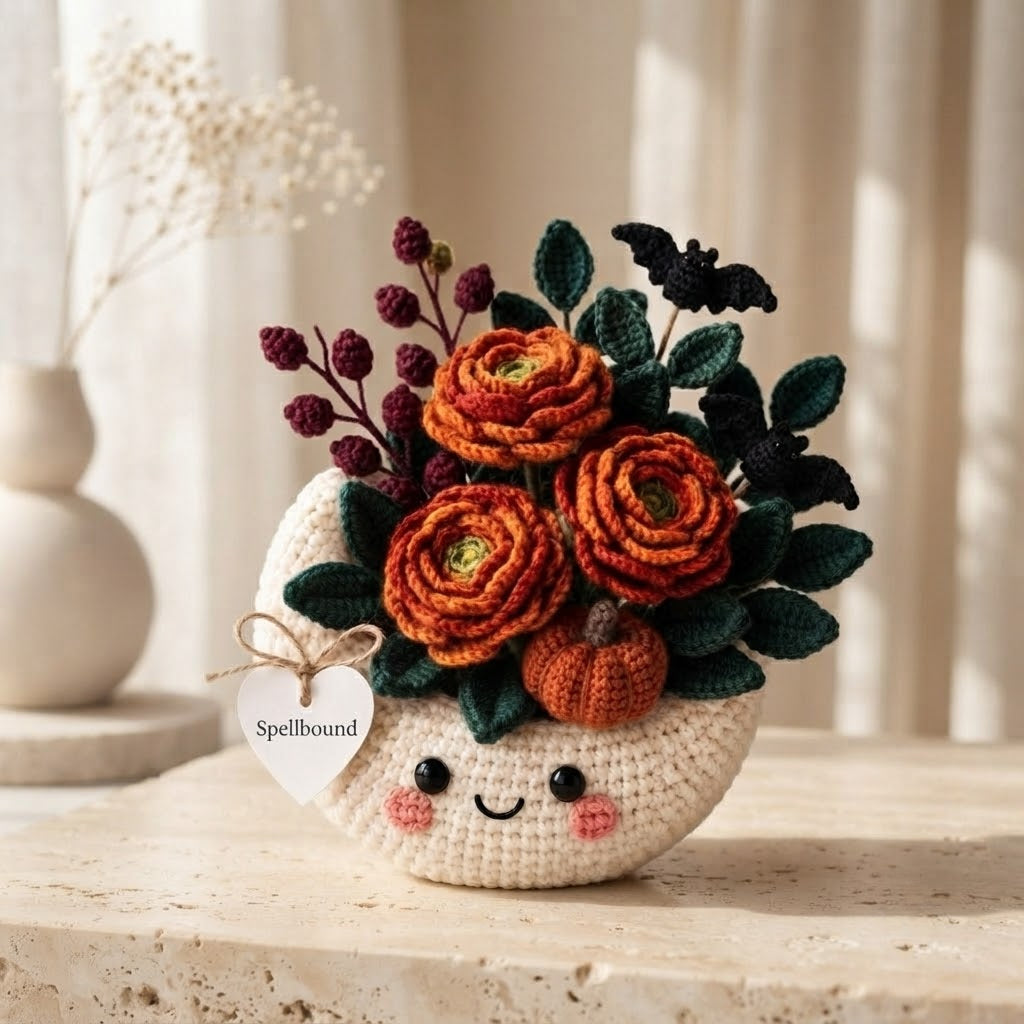 Handmade Crochet Moon Pumpkin Bouquet – Gothic Fall Floral Decor & Gift
